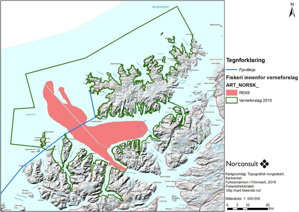 Konsekvensutredning av naturressurser FISKERIDATA Fiskeriaktivitet aktive redskap Reketrål Rekefeltene består av fem felt som ligger tilgrenset hverandre fra Sørøysundet, vestlig del