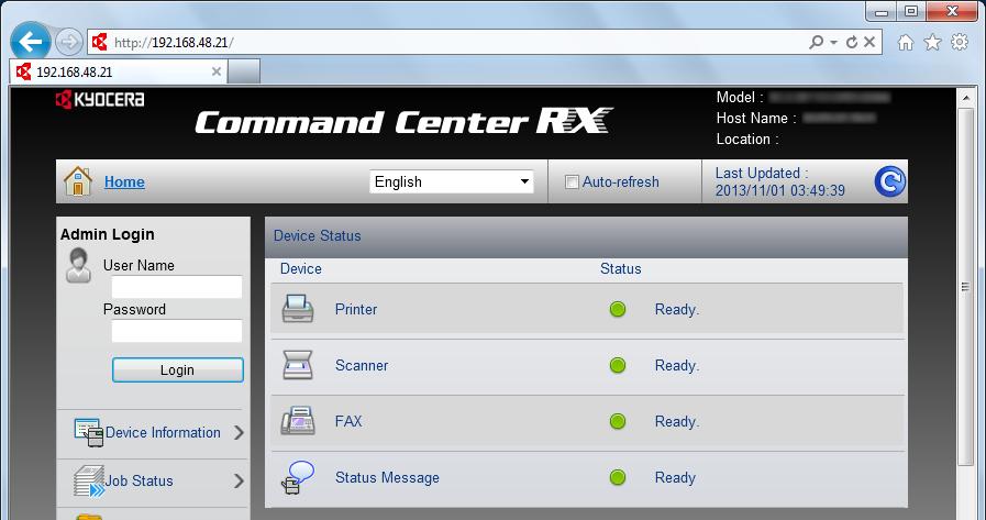 Installere og konfigurere maskinen > Command Center RX Tilgang Command Center RX Vise skjermen. Start webleseren. 2 I adressefeltet eller sted-feltet, skriv inn maskinens IP-adresse eller vertsnavn.