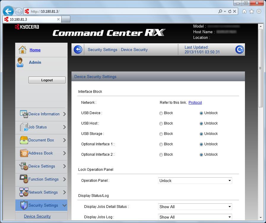 Installere og konfigurere maskinen > Command Center RX 2 Konfigurere sikkerhetsinnstillingene. Fra [Security Settings]-menyen, velg den innstillingen du ønsker å konfigurere.