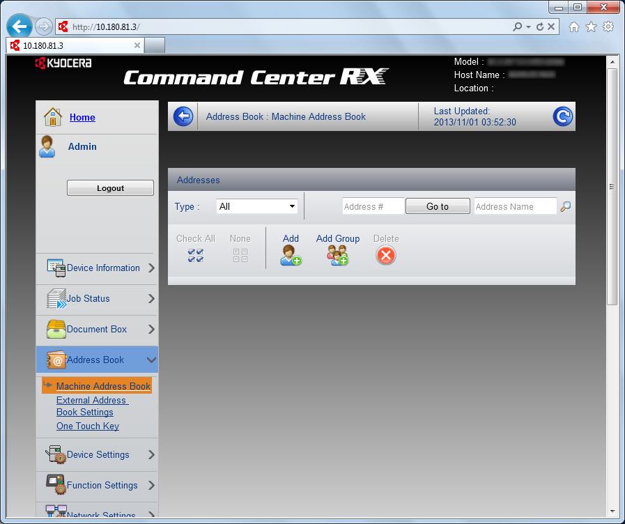 Installere og konfigurere maskinen > Command Center RX Registrere destinasjoner Du kan registrere destinasjoner til maskinens adressebok, fra Command Center RX. Vis skjermen. Start webleseren.