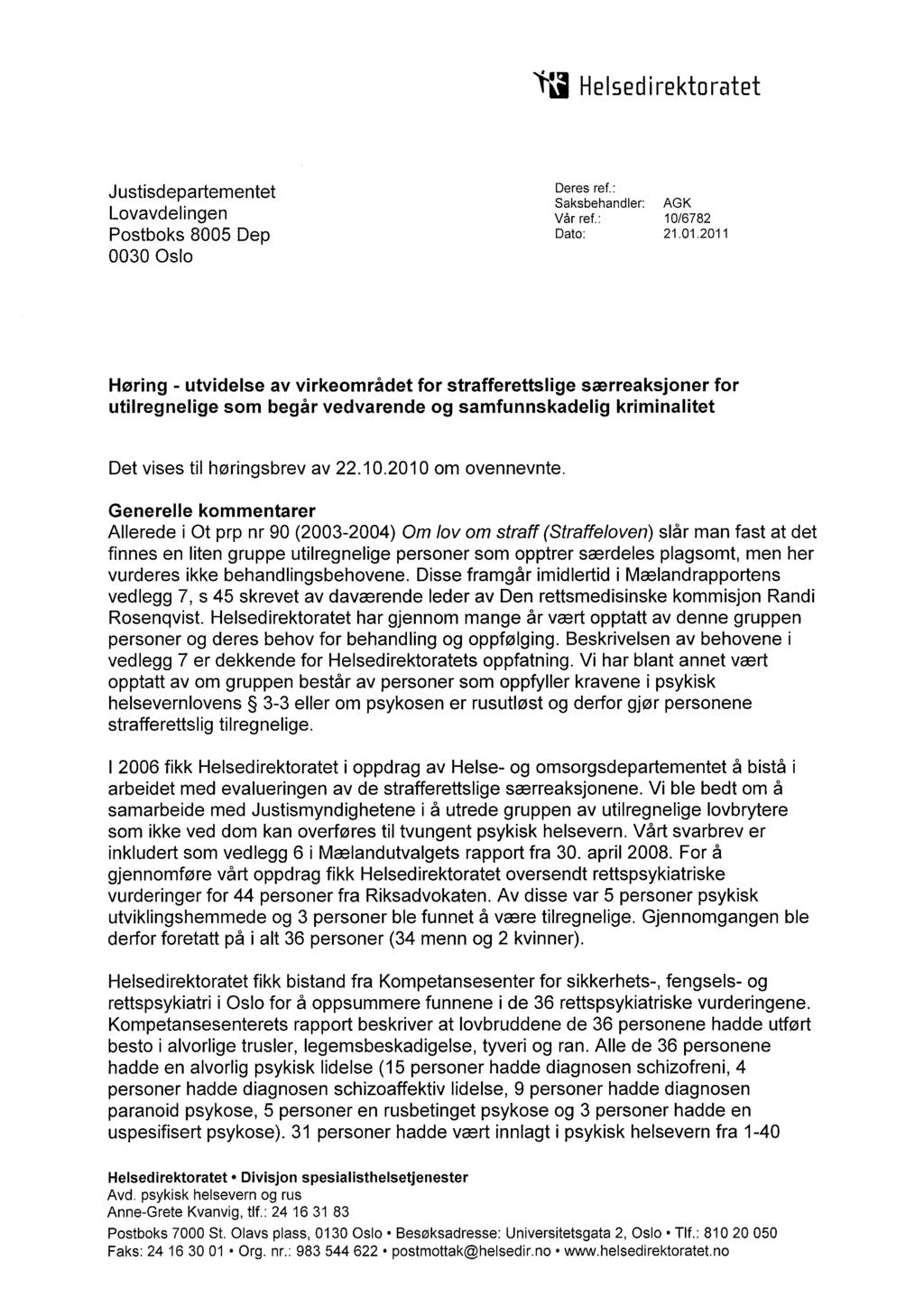 Helsedirektoratet Justisdepartementet Lovavdelingen Postboks 8005 Dep 0030 Oslo Deres ref.: Saksbehandler: AGK Vår ref.: 10/6782 Dato: 21.01.