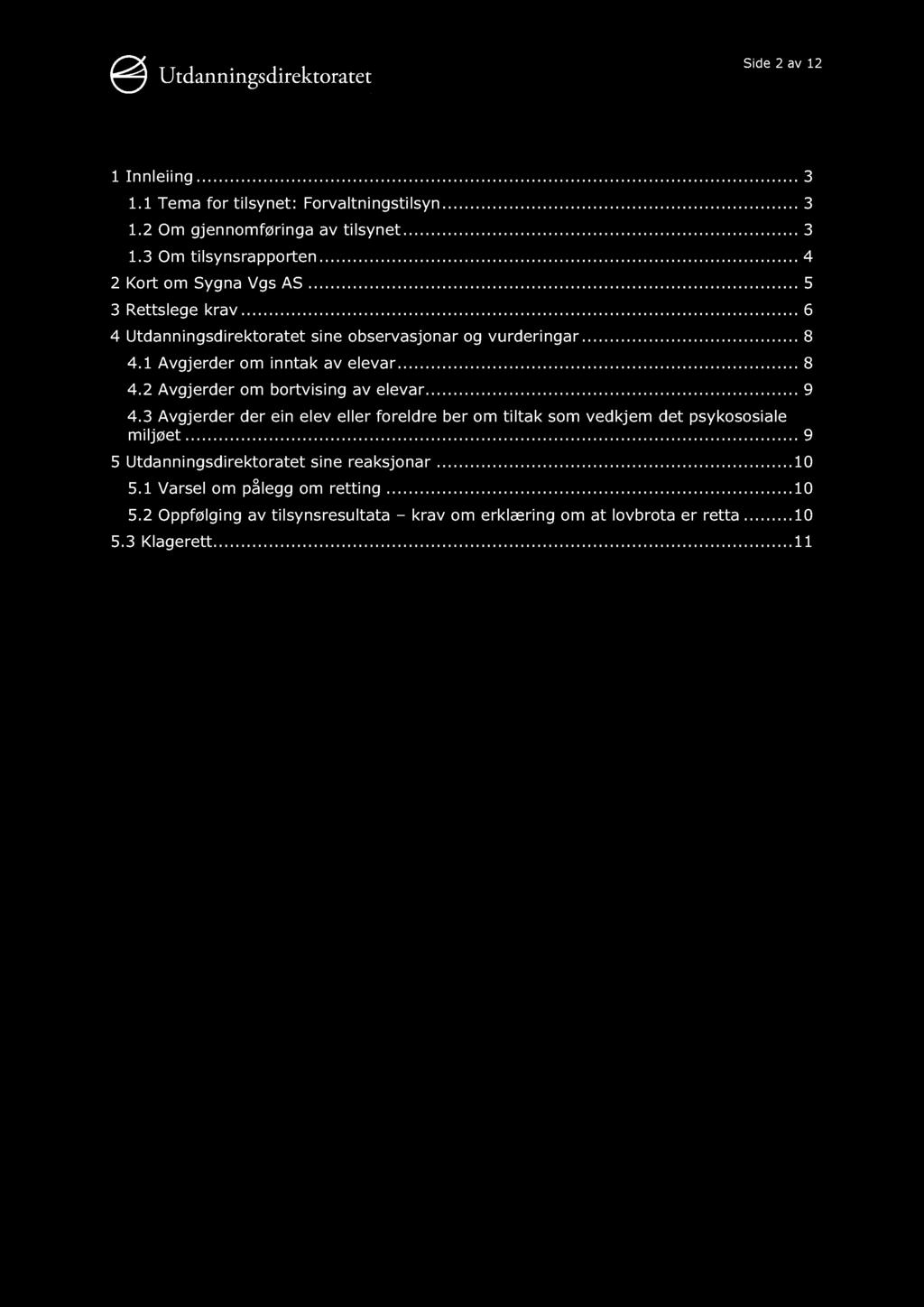 Side 2 av 12 Innhaldsliste 1 Innleiing............ 3 1.1 Tema for tilsynet: Forvaltningstilsyn...... 3 1.2 Om gjennomføringa av tilsynet......... 3 1.3 Om tilsynsrapporten......... 4 2 Kort om Sygna Vgs AS.