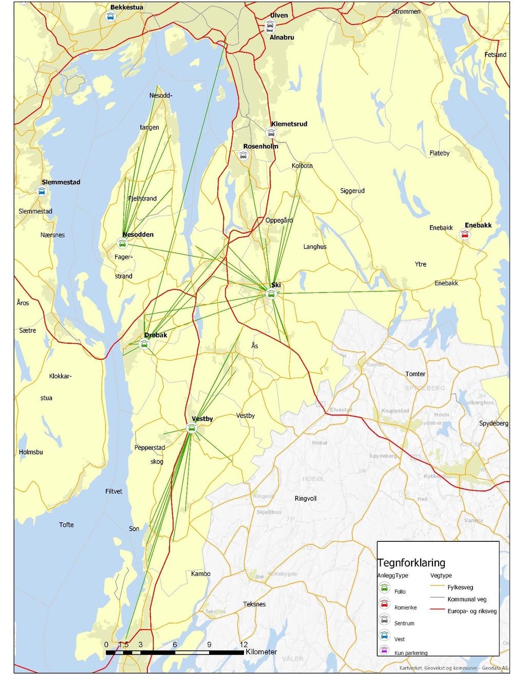 Illustrasjon: Trafikkområde Follo med fire bussanlegg og deres markedsområde.