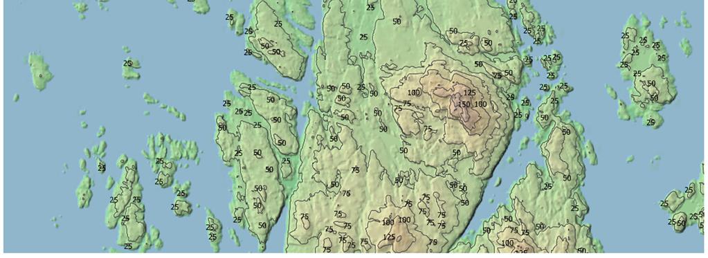 Kart vist med kotehøyde 25 m.