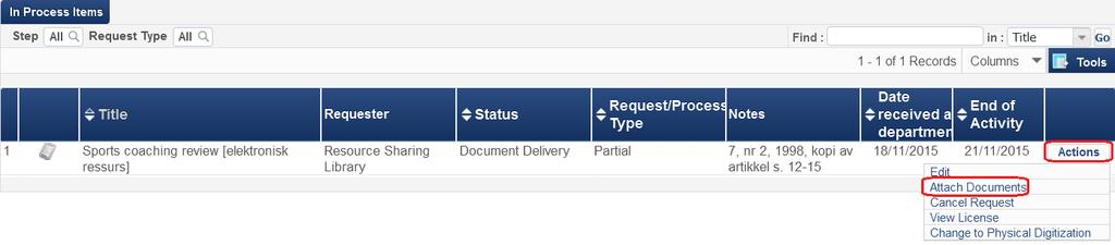 Klikk på lenken Items document delivery fra Task-lista.
