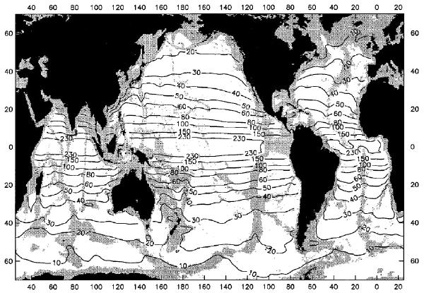 Figur 25: Utledet Rossby deformasjonsradius (i km) i havet. Figur fra Chelton et al., 1998. 4.