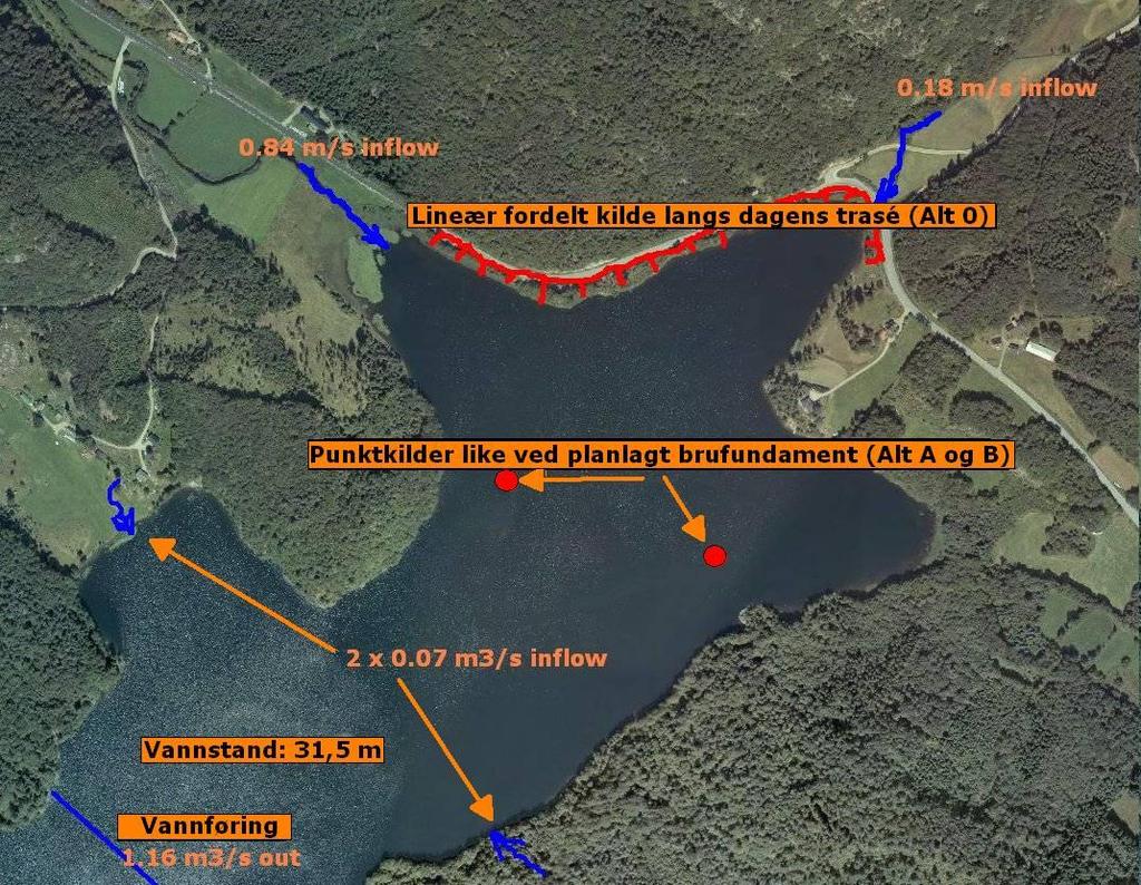 Søknad utfylling i Tarvannet 12 Figur 4. Modellering av mulige endringer i strømningsmønster og sedimenttransport som følge av forskjellige utslippspunkt fra vegen.