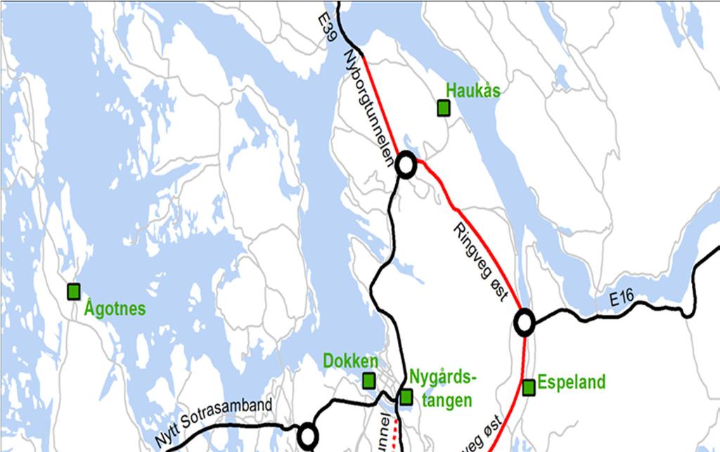 Andre virkninger trafikale virkninger Lokalisering Tilknytning Haukås Espeland Unneland Rådal Forutsetter Nyborgtunellen.