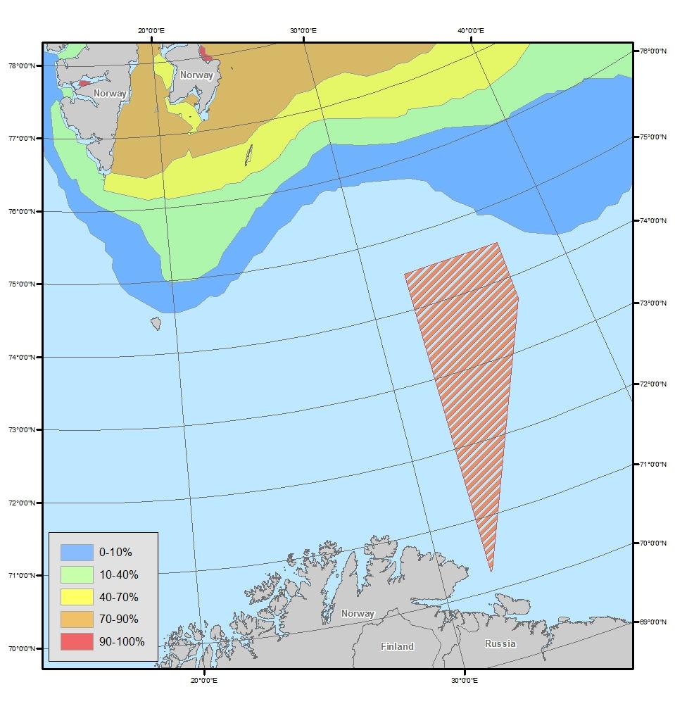 Figur 5. Sannsynlighet for utbredelse av is i april, måneden med maksimal utbredelse. Enkelte værmessige forhold skiller Barentshavet fra andre norske havområder.