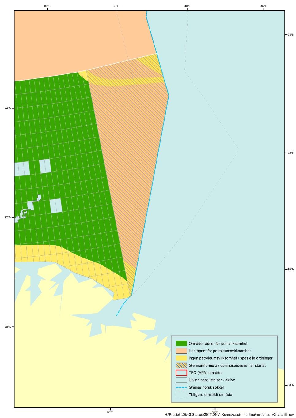 Figur 1. Skravert område er omfattet av åpningsprosessen. Kart: Oljedirektoratet.