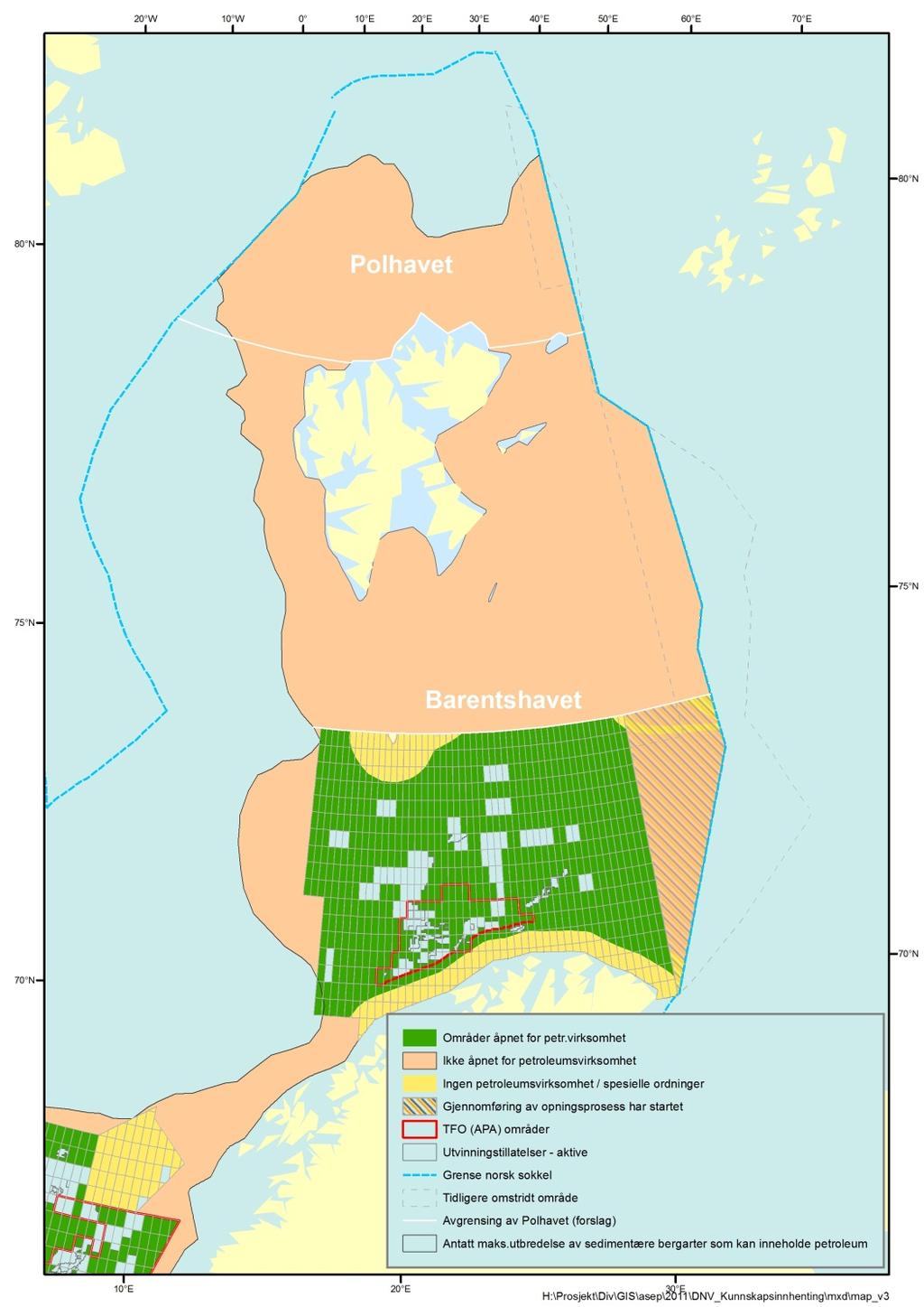 Åpningsprosessen omfatter de østlige deler av Barentshavet som ligger sør for 74 30 N og vest for avgrensningslinjen, og som ikke er tilgjengelig for petroleumsvirksomhet i dag. Figur 2.