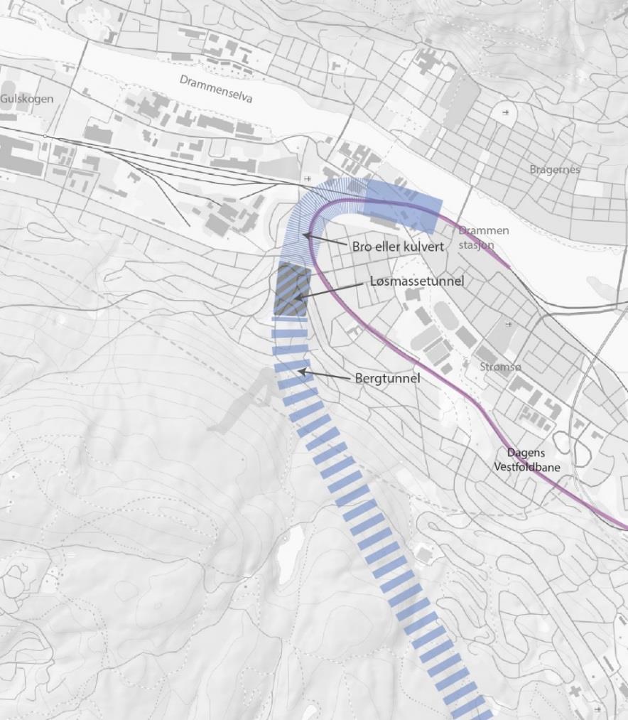 4.2.4 Korridor Vest for Nybyen En løsmassetunnel vil redusere omfanget av anleggsarbeidene. En åpen byggegrop vil gi mer spuntarbeid og mer graving.