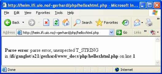 PHP og XHTML Vær oppmerksom på at PHP-prosessorer kan mistolke de innledende XML besvergelser i XHTML-filer! Her et eksempel: På filen helloxhtml.php: <?xml version="1.0" encoding="iso-8859-1"?> <!