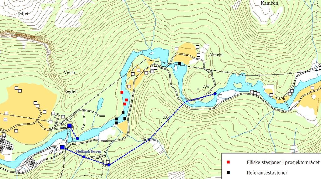 Figur 6. Lokalisering av el.fiske stasjoner i Modalsvassdraget i forbindelse med terskelprosjektet. Røde firkanter er el.fiske stasjoner i terskelbassenget, mens svarte firkanter er el.