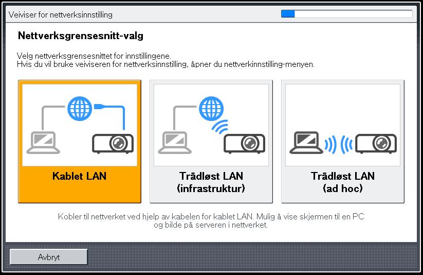 5. Bruke projektoren i nettverk 1. Velg [Kablet LAN] på Veiviser for nettverksinnstilling og trykk på [Enter]. 2. Velg [Deaktiver DHCP (manuelle innst.)] eller [Aktiver DHCP (automatiske innst.