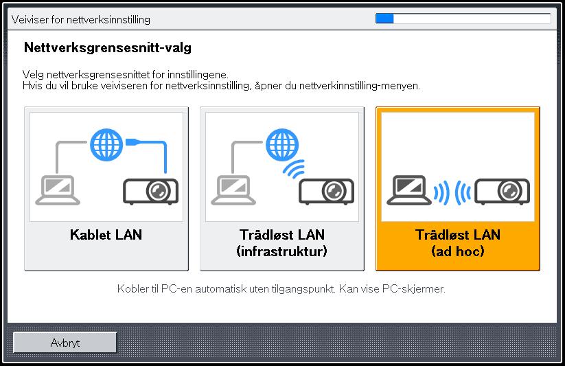 Koble projektoren til et nettverk 8. Spesifiser standard gateway. 9. Hvis meldingen "For å koble til via WPA/WPA2-EAP: kontinuerlig innst. på nettverksinnst.-menyen: Trådløst LAN: sikkerhet kreves.