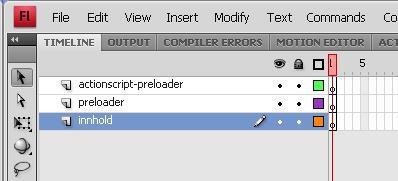 2 Opprett tilsammen 3 lag i Timeline, og gi dem navnene 'actionscript-preloader', 'preloader', og 'innhold': Reorganiser lagene slik at de får rekkefølgen som er vist i illustrasjonen over.