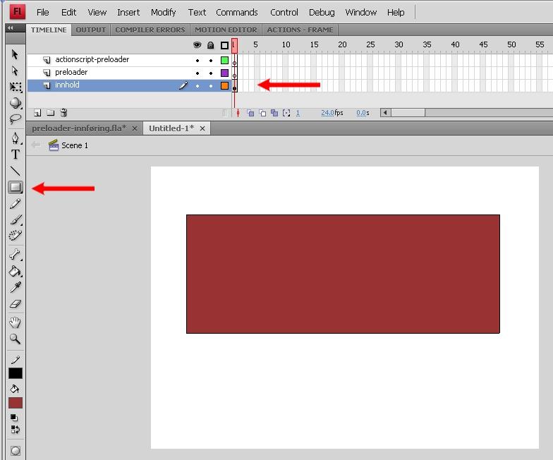 3 Marker laget 'innhold' i Timeline, og velg 'Rectangle Tool' (tastatursnarvei R). Tegn en firkant i scenen. Flash-filmen skal ikke begynne å kjøre før hele filmen er lastet ned.