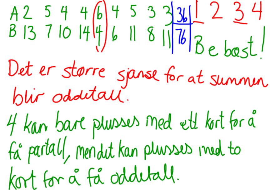 Hvordan gjøre spillet rettferdig? To gutter diskuterer: Vi kan ikke bruke bare partall, fordi da blir det alltid summen partall. Og da vinner A.