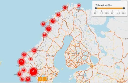 Figur 5 Oversikt over tunneler i Norge som skal utbedres for å