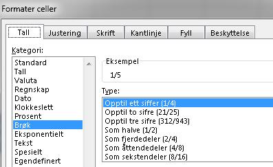 Brøk Regnearket er ikke spesielt velegnet til brøkregning, men det er mulig å formatere tall som brøk.