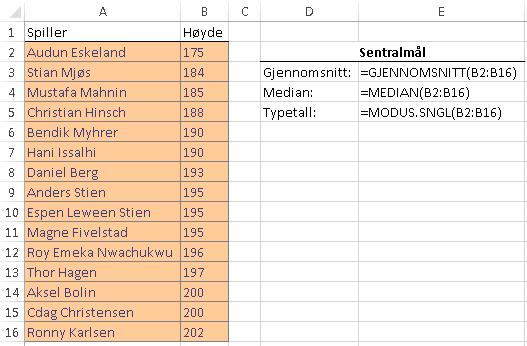 Tips: Dersom du vil ha med måleenheten cm på hver av høydene bruker du egendefinert tallformat.