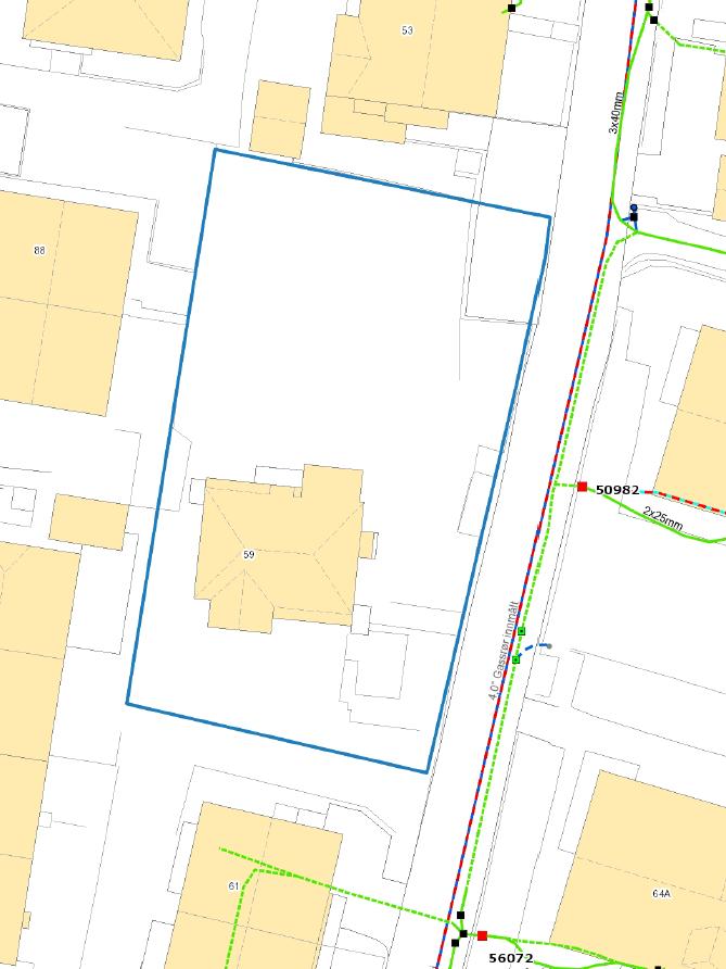 Falsens Vei 59 VA-Rammeplan Figur 4: Lavspenning grønnstrek og gassrør blå-rødstrek (kilde: BBK, d.d. 8. april 2016) 3 Prinsippløsning Plan for vann, spillvann og overvann er vist på tegning GH101.