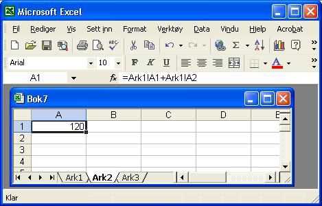 100 IT-verktøy TechTeach Figur 4.16: Eksempel på cellereferanse til et annet regneark: Summen av cellene A1 og A2 i Ark1 beregnes i celle A1 i Ark2 (Ark1 er imidlertid ikke vist i figuren).
