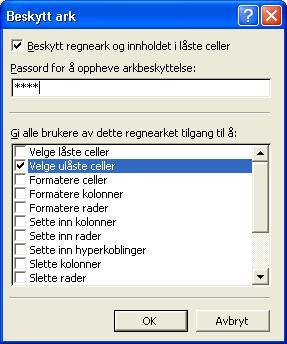 IT-verktøy TechTeach 101 Figur 4.18: Via menyvalget Verktøy / Beskyttelse / Beskytt ark åpnes dialogvinduet Beskytt ark der du kan bestemme hvordan regneraket skal beskyttes. 4.5 Presentasjon av data med autoformat (tabell) Se figur 4.