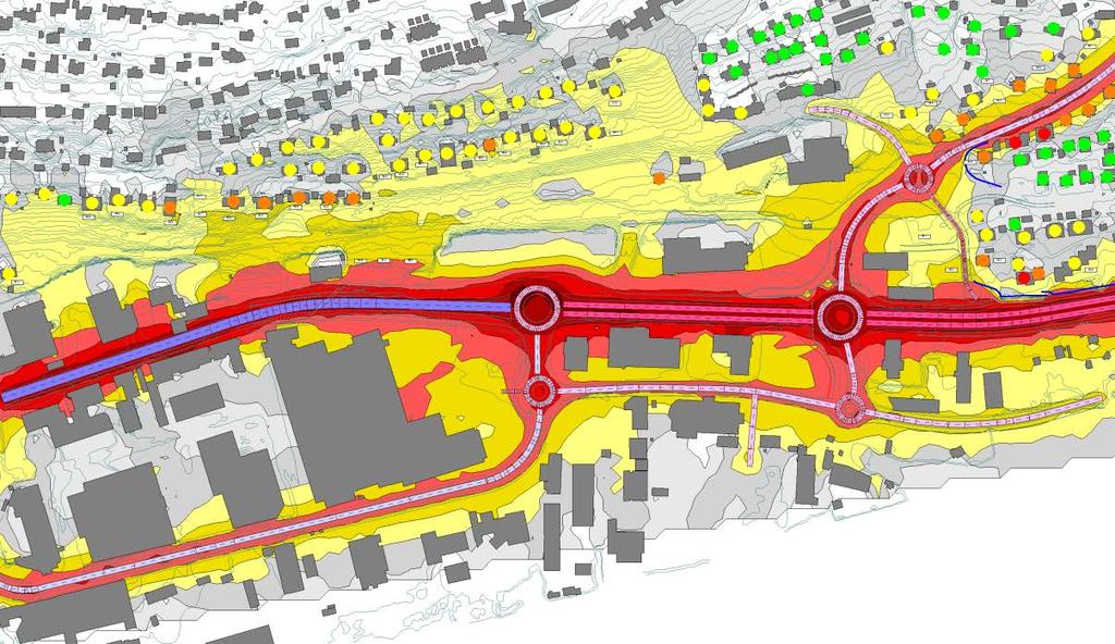 5.2.2 Med skjermingstiltak Figur 7: Ny vei med prognosert trafikk for 2040, og støyskjerming i østre del av reguleringsområdet Skjermingstiltakene er konsentrert rundt boligene nærmest veien, altså i