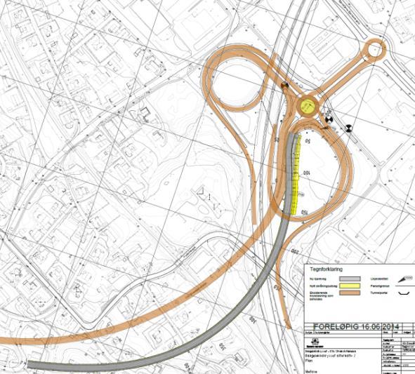 Figur 5: Alternativ 2 ved Bangeløkka (eksisterende veger med oransje farge og nye med grå farge). 6. KONSEKVENSER SOM SKAL UTREDES 6.