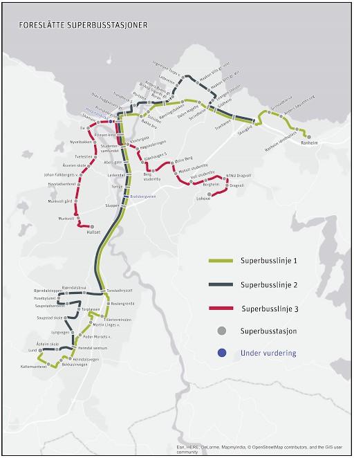 Trondheim kommune Figur 1: foreslått struktur for superbusstasjoner De gjennomsnittlige avstandene mellom stasjonene i det nye forslaget til struktur blir følgende: Superbusslinje 1: Ca.