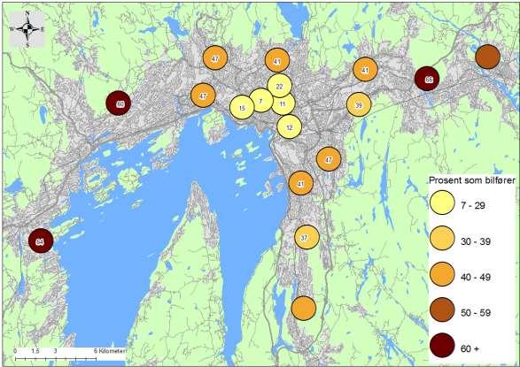 Andel reiser som bilfører etter bosted Reiser <50 km fra/til bolig, personer 18 år De interne forskjellene størst i Oslo tettsted Andel reiser som bilfører