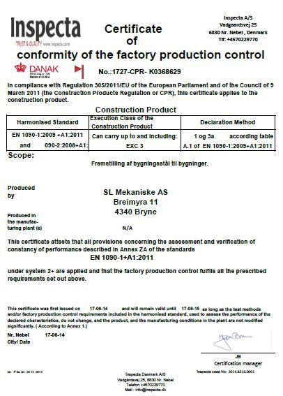 Eksempel på FPC-sertifikat (fabrikkens produksjonskontroll) Sertifikatet inneholder: det tekniske kontrollorganets navn og adresse; nummeret til sertifikatet for fabrikkens produksjonskontroll;