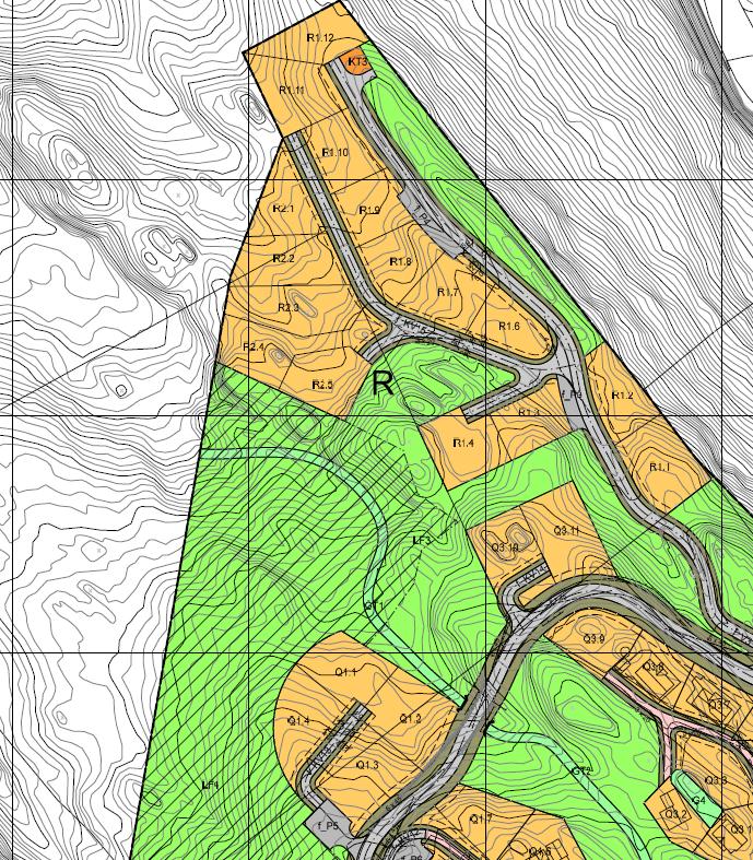 1: Q- og R-felt nord for Langedalsvegen.