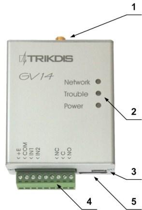 Valdiklio elementai 1. GSM antenos SMA jungtis 2. šviesiniai veikimo indikatoriai 3. USB Mini-B jungtis valdikliui programuoti 4. Išardoma išorinių kontaktų jungtis 5.