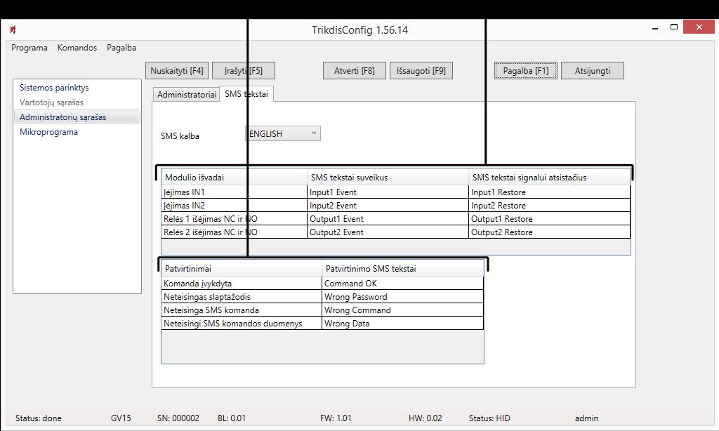 Valdiklio veikimas ir konfigūravimas TrikdisConfig 6.7.1 Pranešimų teksto parametrai Valdiklio siunčiamų SMS pranešimų tekstai gali būti keičiami.