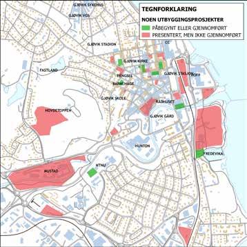 Rødt: Hovedsakelig bygårder i kvartal Gul: Lamell i kvartal Mørk grønn: Småhusbebyggelse i kvartal Lys grønn: Enebolig i blandet struktur Bebyggelsesstruktur i sentrum.