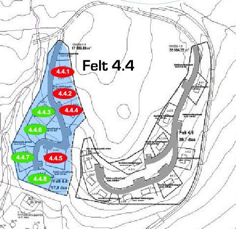 Bebyggelsesplanen for felt 4.4 og 4.5 som ble utarbeidet i 2008, åpner for 8 og 11 frittliggende fritidsboliger i h.h.v. felt 4.4 og felt 4.5. Tomteutnyttelse som i flatereguleringsplanen fra 2007 var gitt i bebygd areal %BYA=20% endres gjennom bebyggelsesplanen til å beregnes i bruksareal (BRA).
