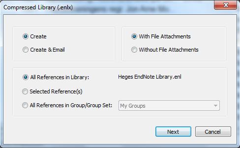 Lage sikkerhetskopi av biblioteket Dersom du lagrer ditt EndNote-bibliotek på egen pc, bør du ta en sikkerhetskopi: Velg i så fall File > Compressed Library (.enlx) på menyen).