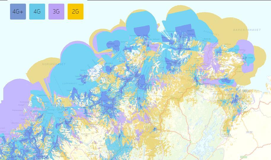 Figur 5: Telenors dekningskart for deler av Finnmark. Kilde: Telenor 27 I tillegg til dekningen langs kysten av fastlandet vist i figuren over, er det også noe dekning på enkelte deler av Svalbard.
