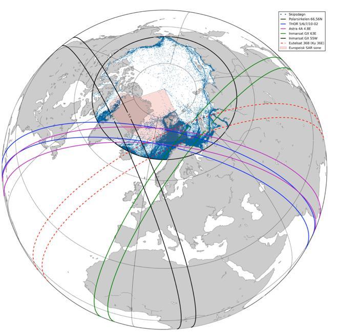 Figur 7: Nordområdene der dekning fra geostasjonære satellitter vil være varierende og mangelfull.