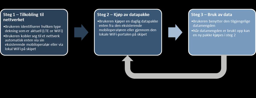 Prinsippskissen nedenfor illustrerer hvordan systemet kan fungere. Figur 36: Prosessen for tilkobling til LTE-nettverket.