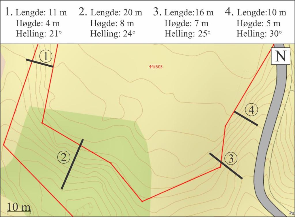 Figur 2: Figuren viser fire punkt på ravineskråninga der vi har rekna ut hellingsvinkelen.