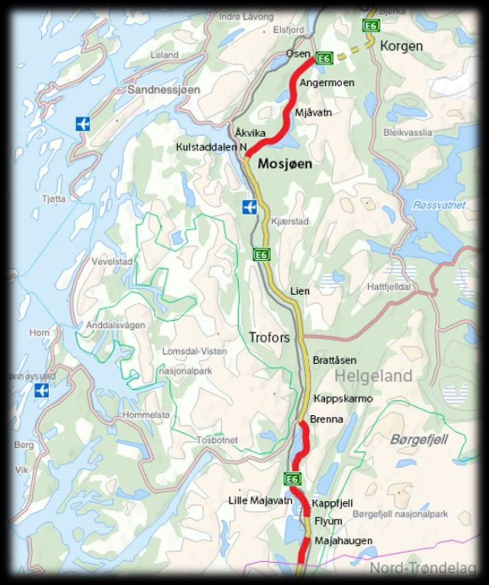 E6 Helgeland sør E6 Helgeland sør Bomstasjon Strekning fra Nord-Trøndelag grense til sørsiden av Korgfjellet Vedtatt i Stortinget november 2015 Planlagt oppstart høsten 2016 Forsinket