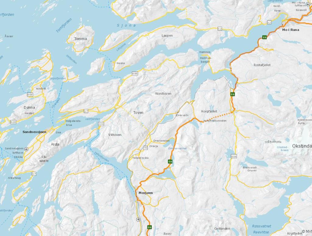 Trafikkmengde : ÅDT= ÅrsDøgnTrafikk Mo i Rana Toven År 2015: ÅDT 1261 År 2016: ÅDT 1260 Forutsetning i St.prp.