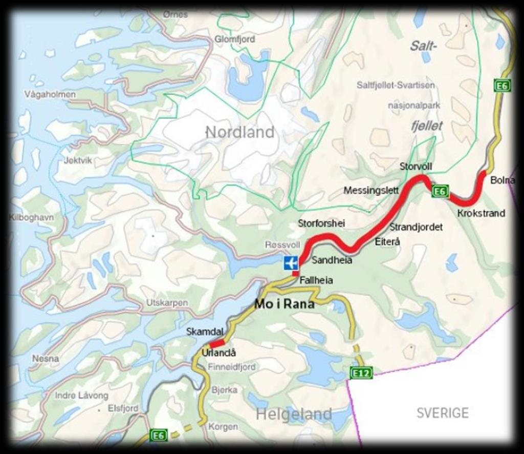 E6 Helgeland nord Utbygging av E6 Helgeland nord Første av i alt tre kontraktsområder Vedtatt i Stortinget juni 2014 Vegstrekning Korgen-Bolna - 125 km Bomstasjon Bygge 62 km veg, hvorav 47 km er