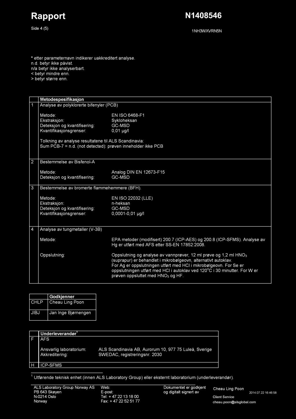 Side 4 (5) N1408546 1NH3WXVRN5N * etter parameternavn indikerer uakkreditert analyse. n.d. betyr ikke påvist. n/a betyr ikke analyserbart. < betyr mindre enn. > betyr større enn.