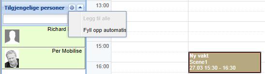 2. For å legge til personer fra «Tilgjengelig» - listen kan du: a. Legge til personer automatisk. Klikk på tannhjulet til høyre for «tilgjengelige personer» og velg «fyll opp automatisk».