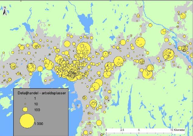 500 meter fra hvert reisepunkt. Antall arbeidsplasser (i tusen) innenfor 1 km.